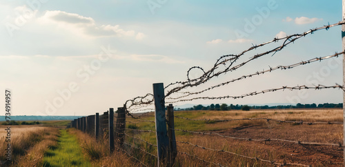 Barbed security wire on a fence in a field or border 