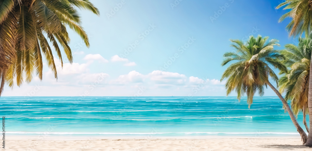 Beautiful beach and ocean or sea background with a palm tree under which there is a surfboard