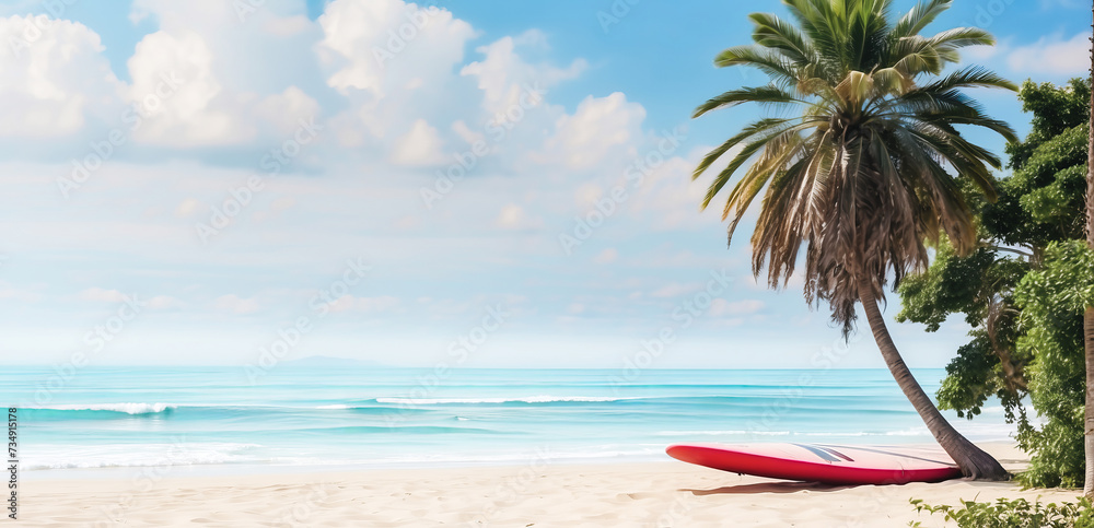 Beautiful beach and ocean or sea background with a palm tree under which there is a surfboard