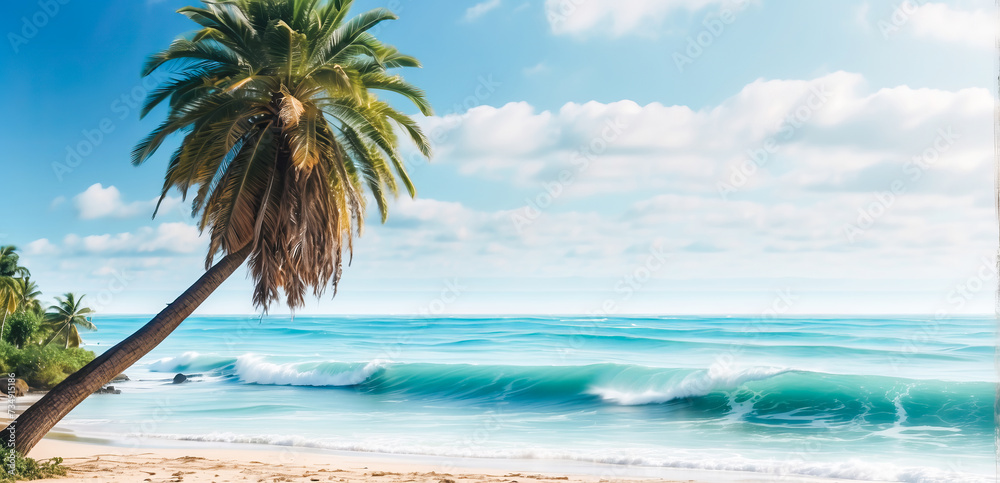 Beautiful beach and ocean or sea background with a palm tree under which there is a surfboard