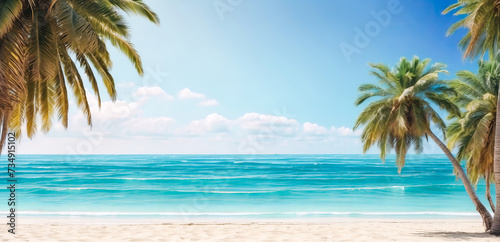 Obraz na płótnie Beautiful beach and ocean or sea background with a palm tree under which there is a surfboard w salonie
