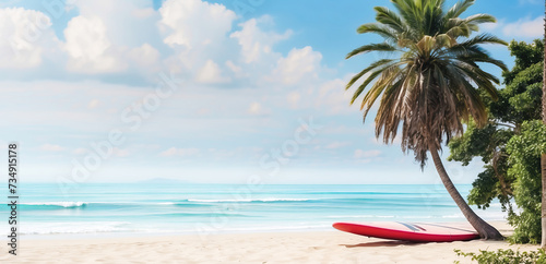 Obraz na płótnie Beautiful beach and ocean or sea background with a palm tree under which there is a surfboard w salonie
