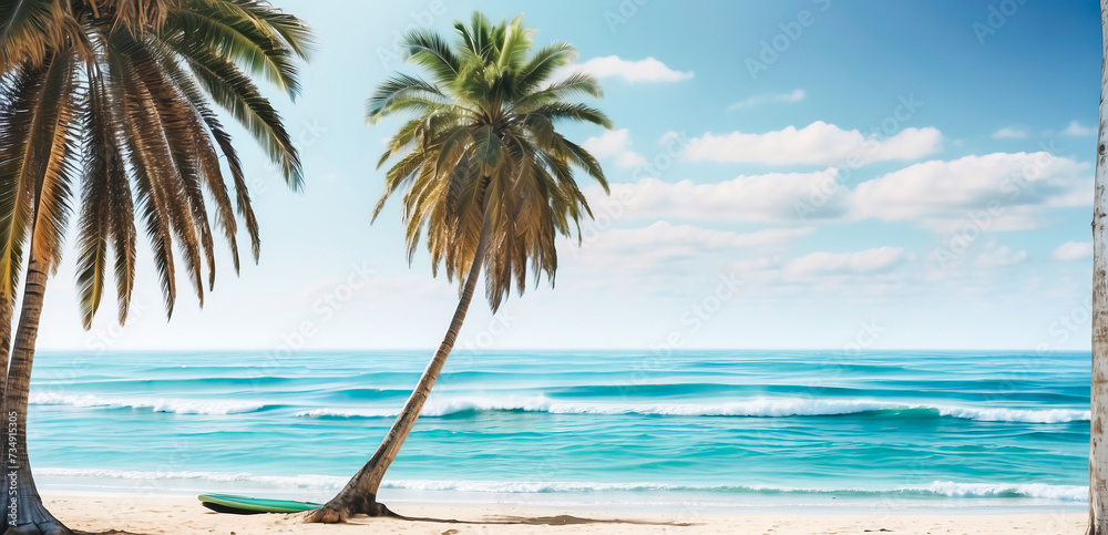 Beautiful beach and ocean or sea background with a palm tree under which there is a surfboard