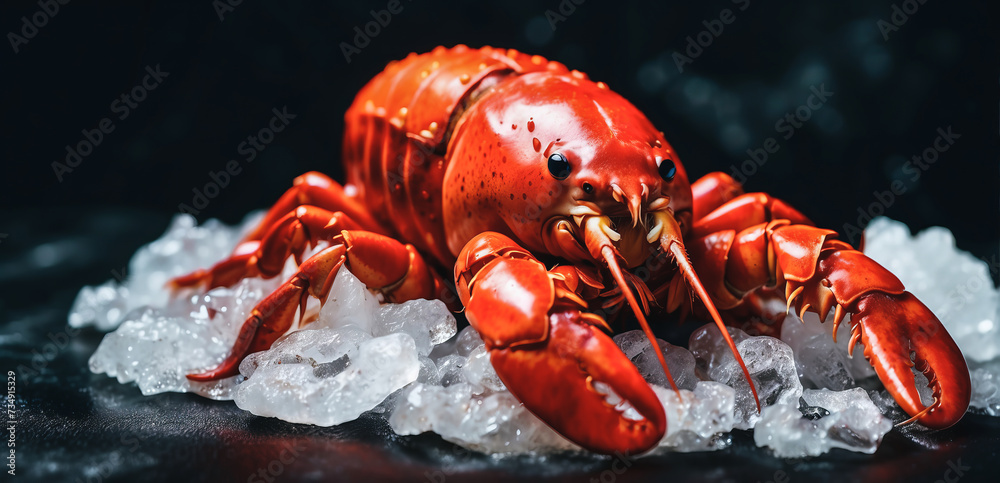 beautiful red lobster lying on ice and on a black or dark background with space for inscriptions or logos. Seafood background