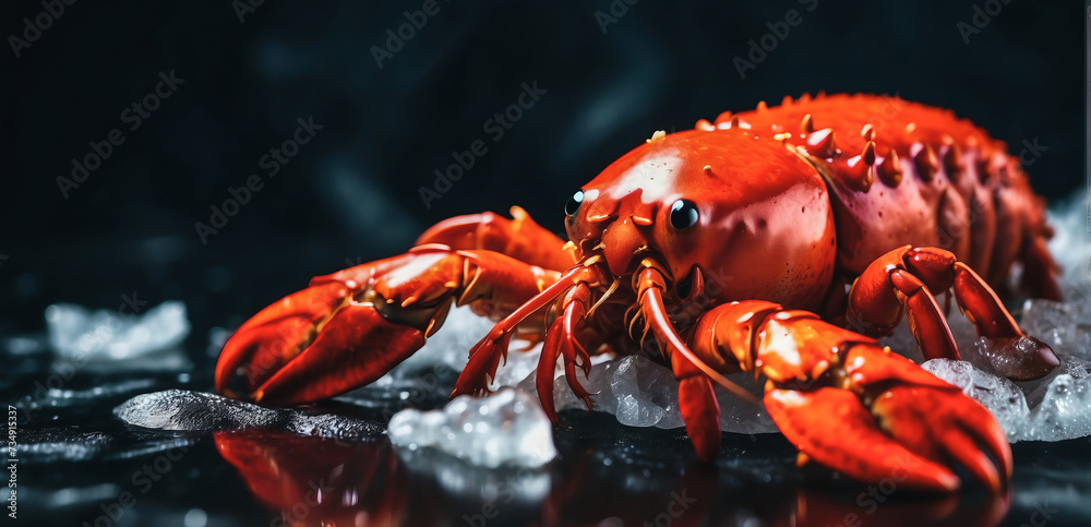 beautiful red lobster lying on ice and on a black or dark background with space for inscriptions or logos. Seafood background