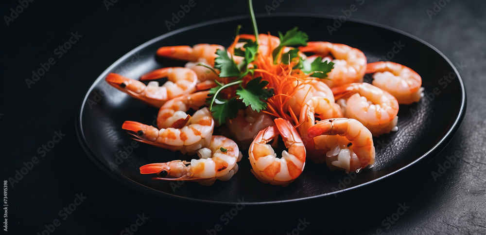 Beautiful shrimp dish on a black plate top view on a beautiful black background
