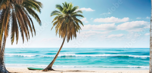 Obraz na płótnie Beautiful beach and ocean or sea background with a palm tree under which there is a surfboard w salonie