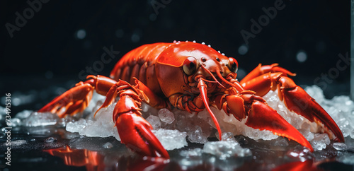 Obraz na płótnie beautiful red lobster lying on ice and on a black or dark background with space for inscriptions or logos. Seafood background w salonie