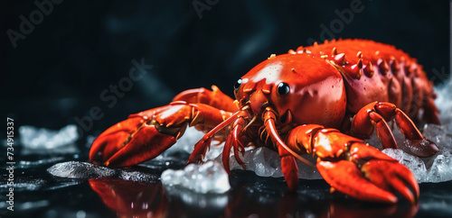 beautiful red lobster lying on ice and on a black or dark background with space for inscriptions or logos. Seafood background