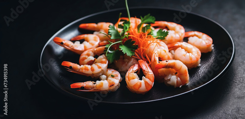 Obraz na płótnie Beautiful shrimp dish on a black plate top view on a beautiful black background w salonie