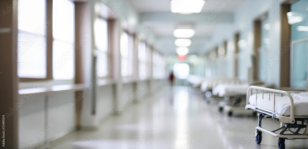 Blurred image of a hospital corridor with a patient in bed