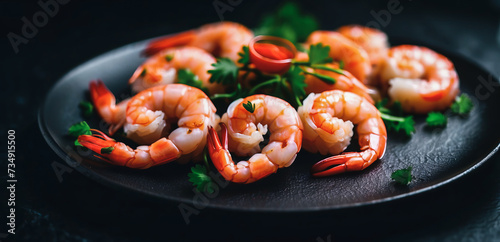 Beautiful shrimp dish on a black plate top view on a beautiful black background
