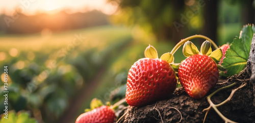 Obraz na płótnie branch with natural strawberries on a blurred background of a strawberry field at golden hour. The concept of organic, local, seasonal fruits and harvest w salonie