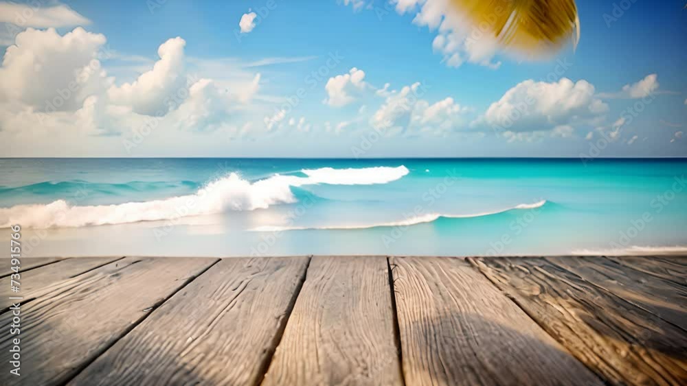 Serene Horizons: Oceanic Retreat for Soul. Wood desk boards create clean and natural ambiance, with palm and sea view in background. Great place to showcase your products on summer day Serene Horizons: Oceanic Retreat for Soul. Wood desk boards create clean and natural ambiance, with palm and sea view in background. Great place to showcase your products on summer day