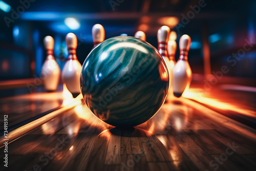Close-up of a bowling ball hitting pins scoring a strike, bottom view and action shot. Ten pin bowling game concept photo