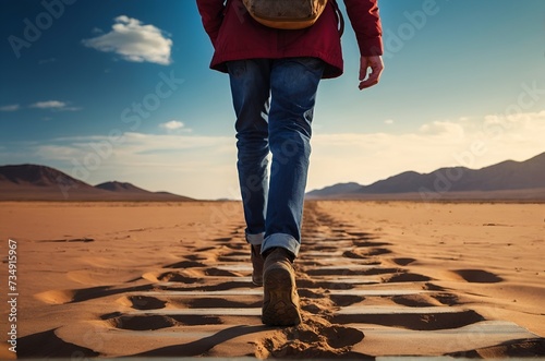 Desert adventure. Tourist walking in the desert with backpack. Back view. photo