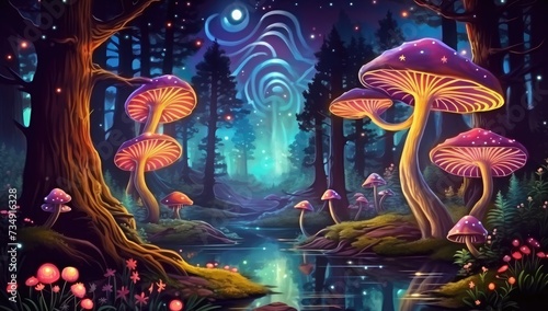 Artistic illustration of a magical forest at night, where glowing mushrooms illuminate the majestic trees under a starry sky