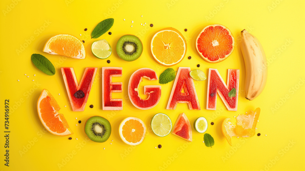 Vegan title text food lettering from grapefruit, isolated on yellow juicy background with kiwi fruit, apples, strawberries, oranges and mandarin around