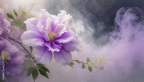 Klematis, fioletowy piękny kwiat i dym
