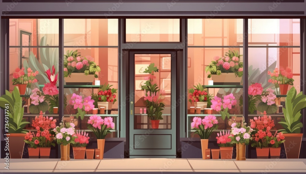 An illustrated image showing the front of a flower shop with large windows and potted plants