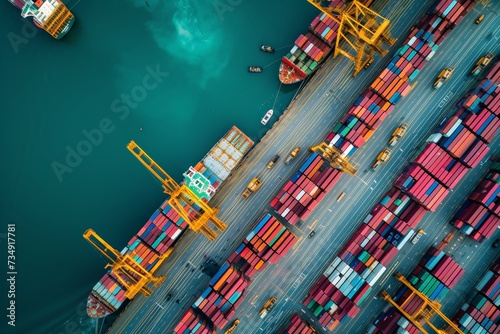Aerial view of a bustling shipping port in the sea with containers and ships import export overseas worldwide, marine insurance global business cargo freight commercial trade logistic transportation