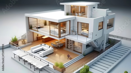3d small house model on architecture floorplan created with Generative AI © Lucky Ai