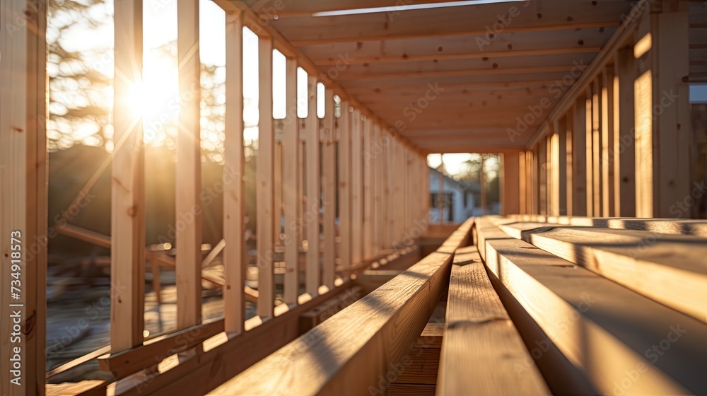 House construction framing, detailed wood textures, shallow depth of field focusing on the wooden framework,
