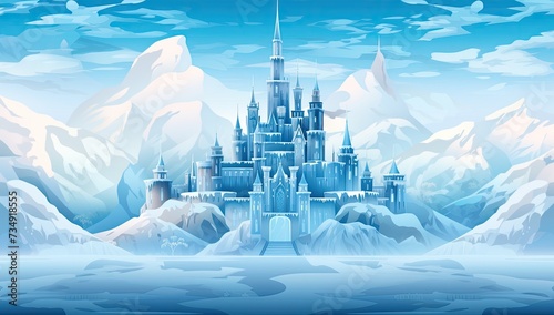 A stunning illustration of a castle covered in ice and surrounded by snowy scenery