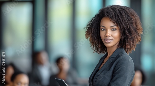 Young African American businesswoman diversity looking camera meeting with coworker teamwork, executive business female happy remote working using laptop computer, confidence leadership corporate talk