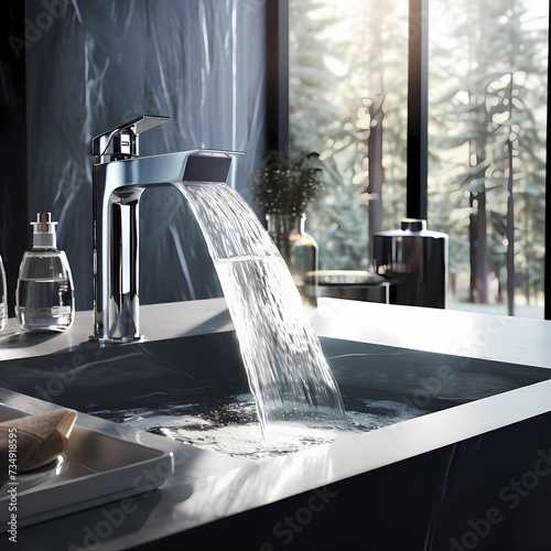 Water tap , faucet. Flow water in bathroom with sink. Modern clean house. Hygiene concept. 
