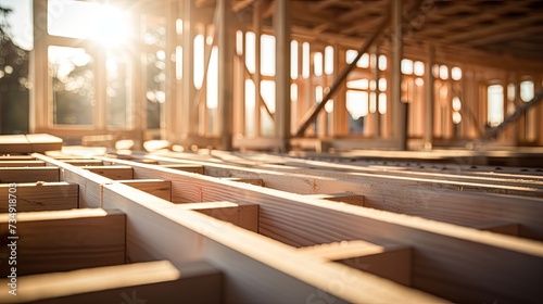 House construction framing, detailed wood textures, shallow depth of field focusing on the wooden framework, photo