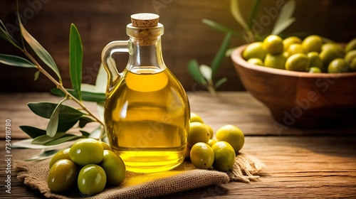 Glass bottle with natural olive oil and green olives on wooden table