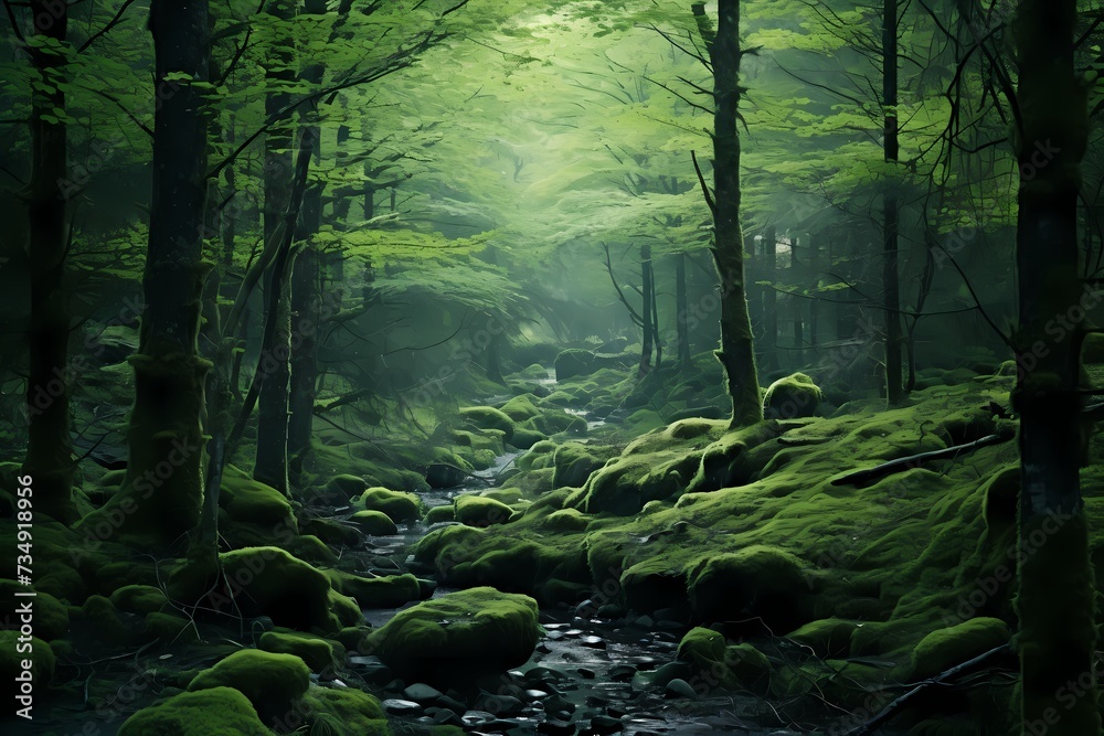 Subtle gradients of forest green and mossy hues, creating a tranquil woodland atmosphere on a vast, beautiful solid color backdrop.
