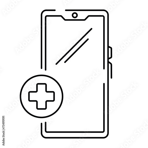 Vector isolated line icon, smartphone with cross icon, modern digital online medicine. calling a doctor at home and an ambulance.