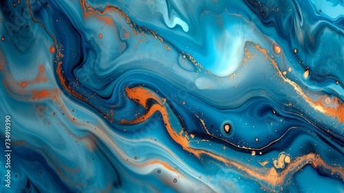 Luxurious marble ink abstract art background fluid alcohol ink painting in blue, orange, and gold