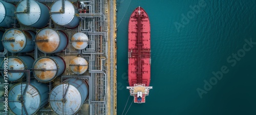 Aerial view of large red cargo ship docked next to industrial oil and gas tank storage complex