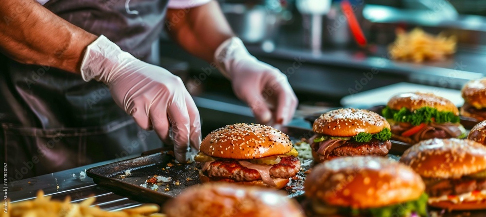 Fototapeta premium Chef Preparing Gourmet Burgers in a Busy Restaurant Kitchen. Generative ai