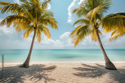 A serene tropical beach with palm trees and clear turquoise ocean on a sunny day, perfect for relaxation and vacation.
