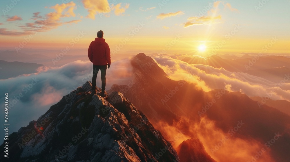 A person standing on a mountaintop at sunrise, feeling a sense of awe and wonder at the beauty of the world, inspired by the promise of a new day - obrazy, fototapety, plakaty 