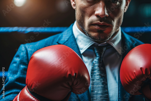 closeup punch of cropped businessman man in boxing gloves ready for corporate business battle selective focus knockout. Copy space image. Place for adding tex
