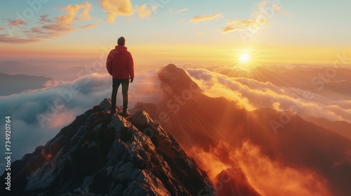 A person standing on a mountaintop at sunrise, feeling a sense of awe and wonder at the beauty of the world, inspired by the promise of a new day photo