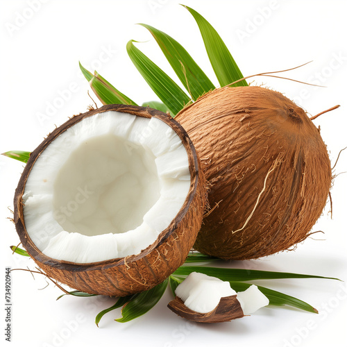 coconut with leaves on white background