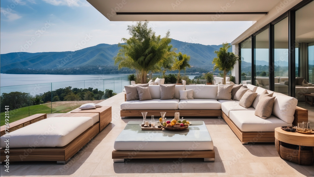 luxury outdoor seating area lounge or terrace with nature panoramic view, fancy modern contemporary architectural landscape decor and real estate design or for holiday relaxation