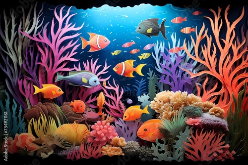 A captivating paper-cut underwater scene, featuring schools of fish and coral reefs, all meticulously crafted with vibrant colored paper.