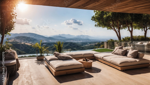 luxury outdoor seating area lounge or terrace with nature panoramic view, fancy modern contemporary architectural landscape decor and real estate design or for holiday relaxation photo