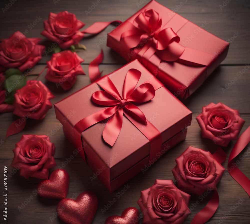Valentines Day Greeting Card Close-up Of Red Roses With Gift Box 
