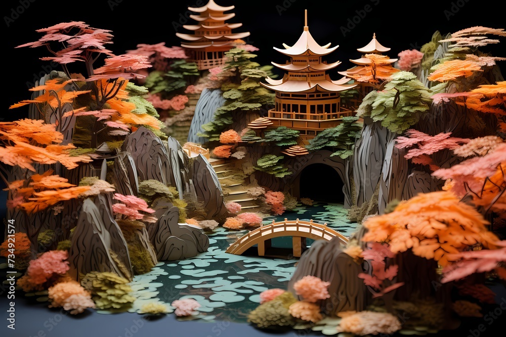 A paper art interpretation of a peaceful Japanese garden, with meticulously crafted bonsai trees, koi ponds, and stone pathways.