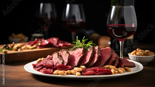 Air-cured beef served with nuts and red wine.