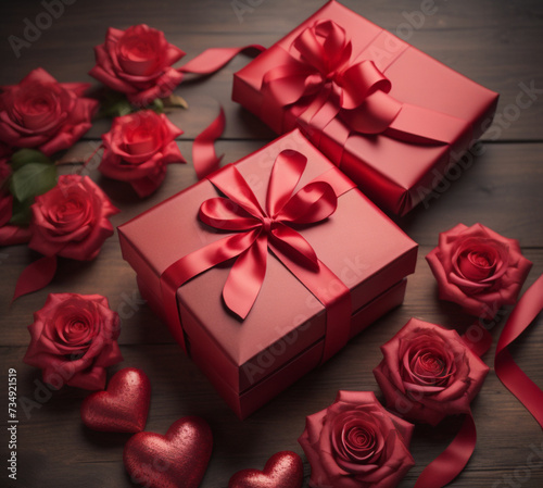 Valentines Day Greeting Card Close-up Of Red Roses With Gift Box 