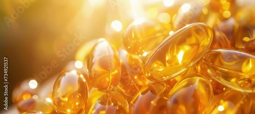 Close up macro view of yellow fish oil omega 3 6 9 capsules with vitamin d and e photo